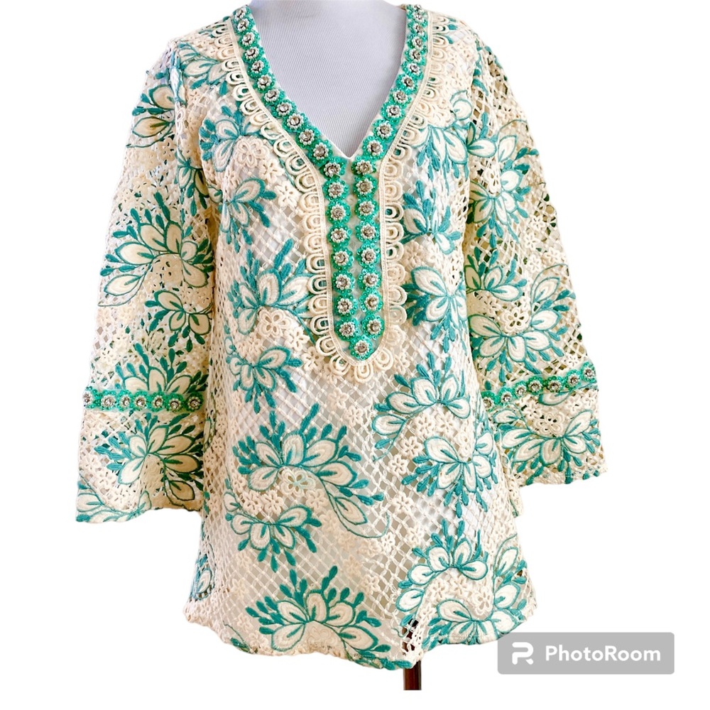 SKYE’S THE LIMIT LACE EMBELLISHED GREEN TUNIC BLOUSE TOP MEDIUM BOHO COTTAGECORE